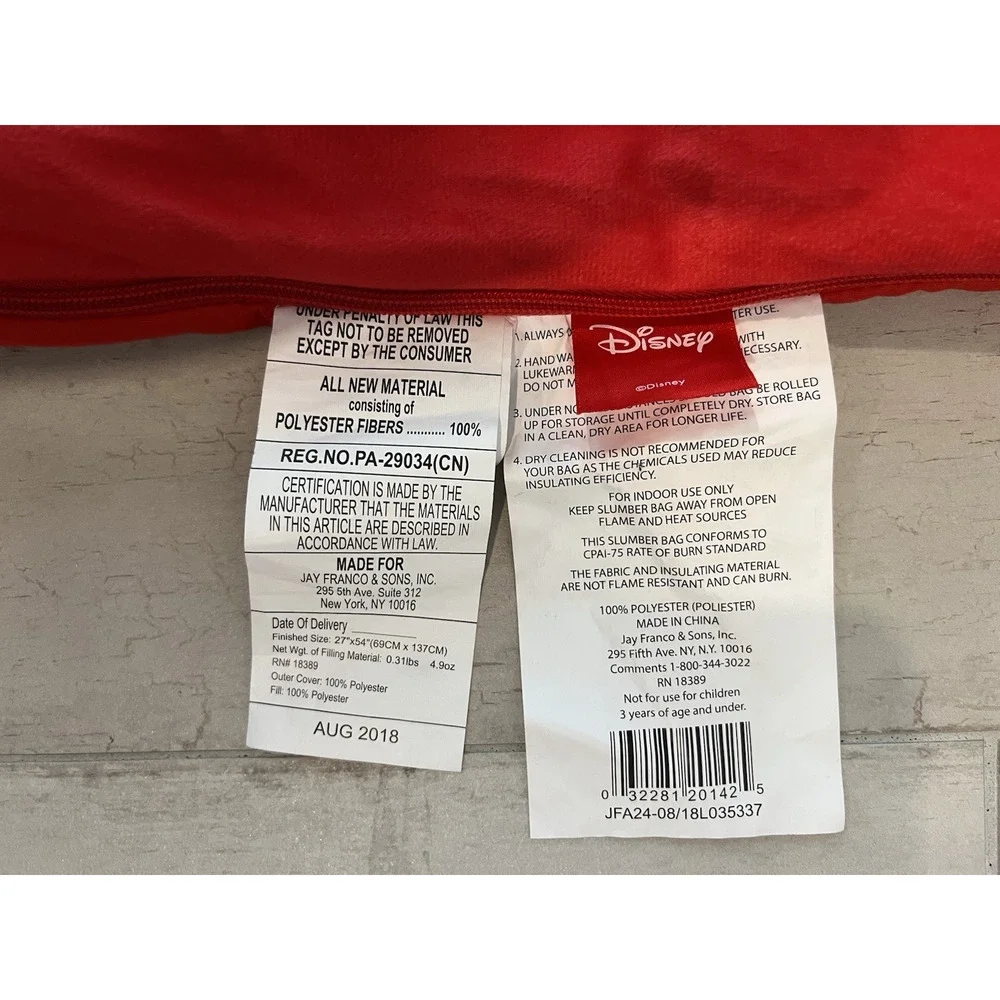 Disney Mickey Mouse Children’s Sleeping/Slumber Bag 52" x 26" Red 100% Polyester - Picture 8 of 8